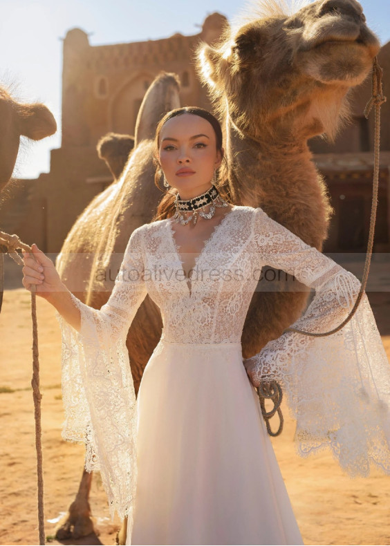 Long Sleeves Ivory Lace Chiffon Bohemian Wedding Dress Long Sleeves Ivory Lace Chiffon Bohemian Wedding Dress